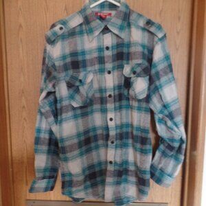 Montage Men's Green, Gray and White Checkered Flannel Shirt, Size L